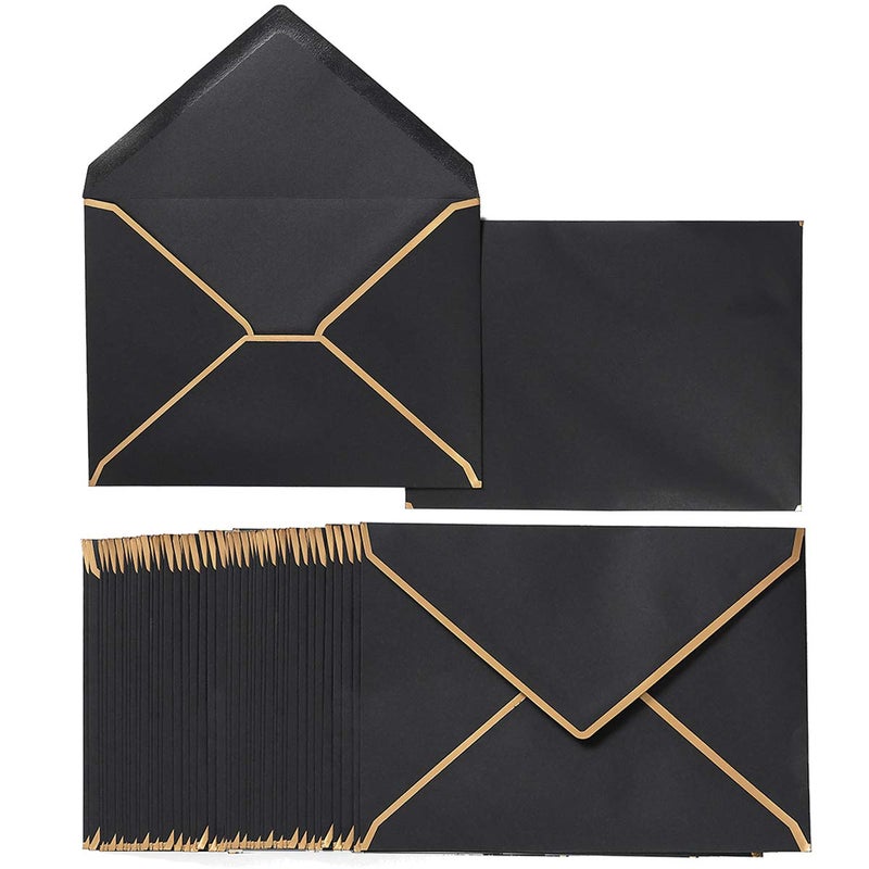 Homtable 50 Pack Black A7 Envelopes 5 x 7 Self-Adhesive V Flap Envelopes with Gold Border for Office, Greeting Card, Wedding, Graduation, Baby Shower, Parties, Invitations (Black, 5x7) - Image 1